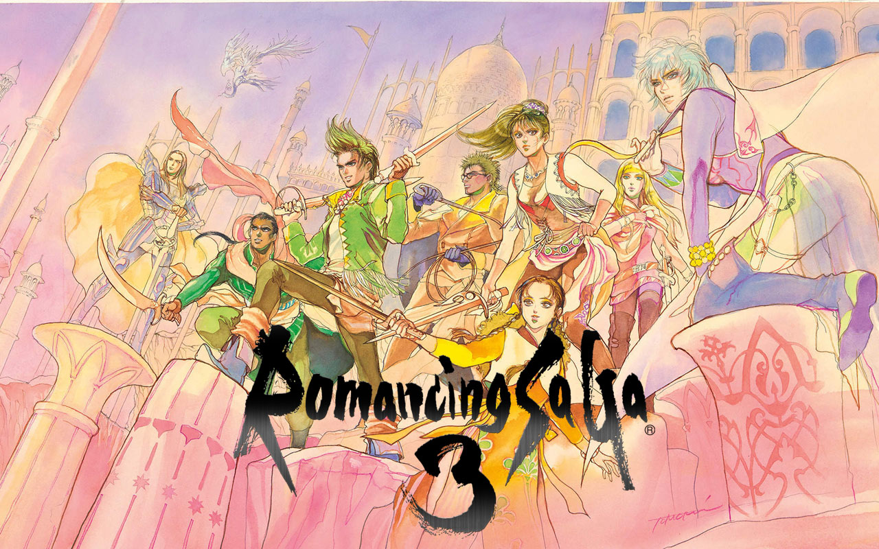  Hero image of the game Romancing Saga 3, depicting the eight protagonist gathering in front of a palace  